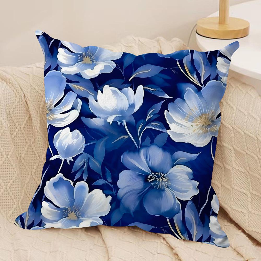 Ethnic Style Blue Floral Cushion Cover Soft Plush Fabric Double-Sided Printed Sofa Cushion Cover for All Seasons Home Decor Gift