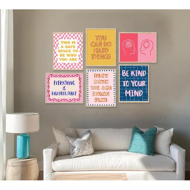 6Pcs Pink Blue Mental Health Wall Art Boho Therapy Office Wall Decor Motivational Psychology Painting Pirational Positive Quotes Poster Prints for