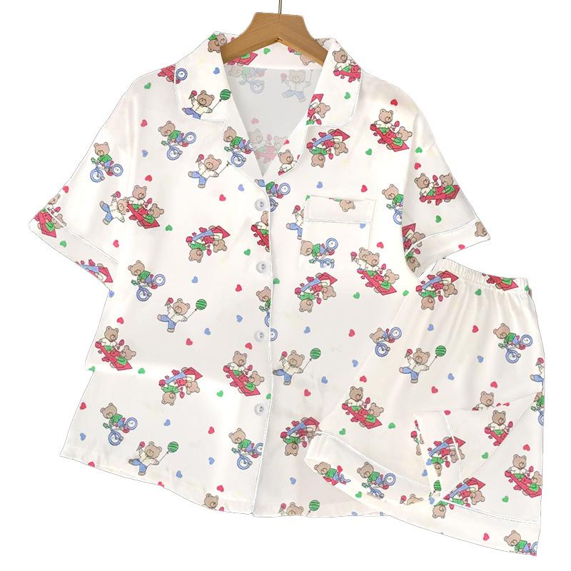 Summer Cartoon Cute Cold Silk Cool Short-Sleeved Suit Printed Pajamas Women'S Happy Bear Loungewear