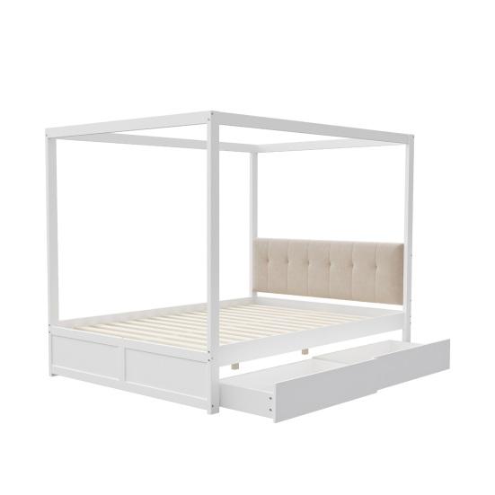 Cama com Dossel 140x200cm com Gavetas Grandes e Cabeceira Macia, Cama de Quatro Postes, Cama de Madeira Branca, Forte Capacidade de Carga