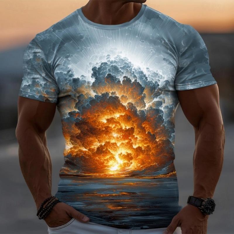 Sunset Ocean Pattern T-Shirt For Men Colorful Clouds 3D Print Tees Summer Casual T Shirts O-Neck Tops Loose Street Short Sleeves