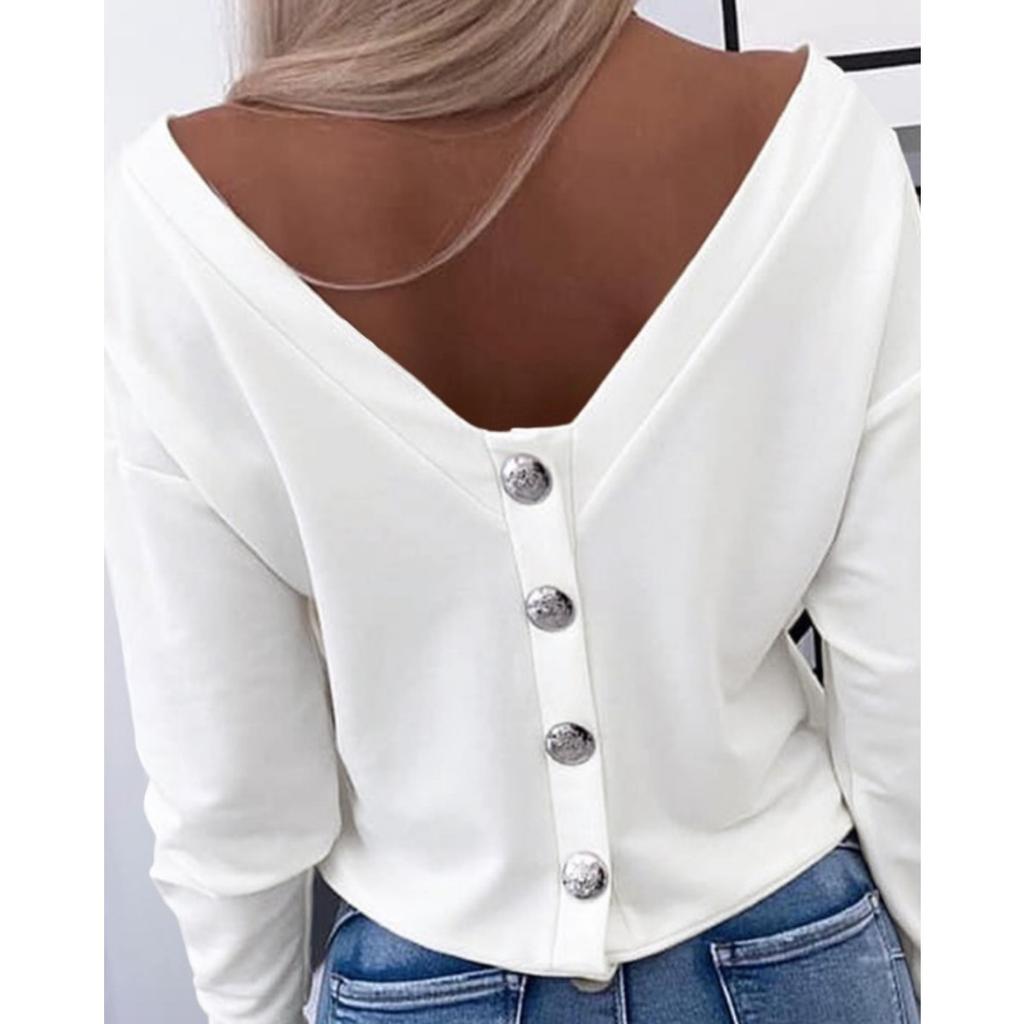 Fall Women's Long Sleeve T-shirt, Button Back Open Back Off Shoulder, Casual Fashion Top for European American Crossborder