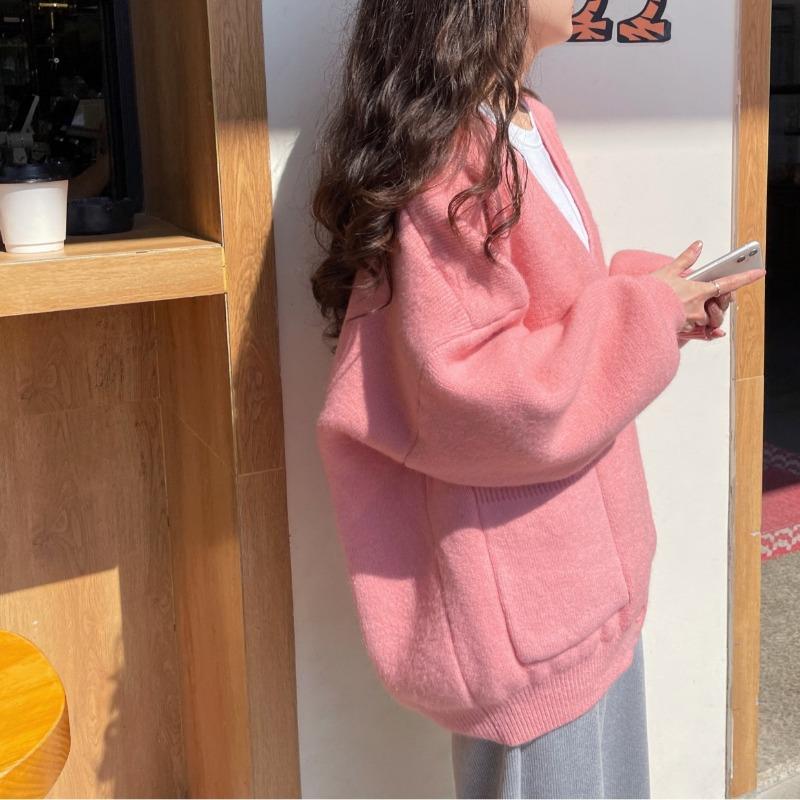 Large Pocket Knitted Women Cardigan Korean Autumn Loose V-neck Solid Color Versatile Sweaters Temperament Casual Coat