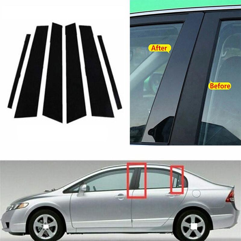 6Pcs Car Glossy Black Pillar Post Sticker Trim For Honda Civic Sedan 2006-2011 Auto Door Window Exterior Molding Decal Parts