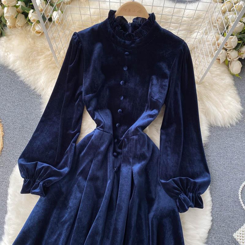 Hohe Qualität Herbst Winter Frauen Vintage Palace Samt Party Kleid Mode Stehen Kragen Lange Midi Casual Velour Kleider