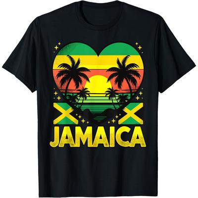 Jamaican Flag Heart Vintage Jamaica T Shirts Men Women Pure Cotton Humor Streetwear Tee Shirt Short Sleeve Unisex Loose Clothing