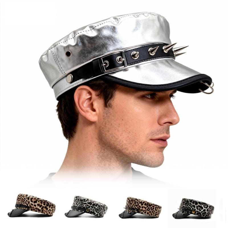 Elegant PU Leather Beret Hat with Rivet Studded Hat Belt for Fashion Comfortable Wear for Autumn Winter Punk Headwear