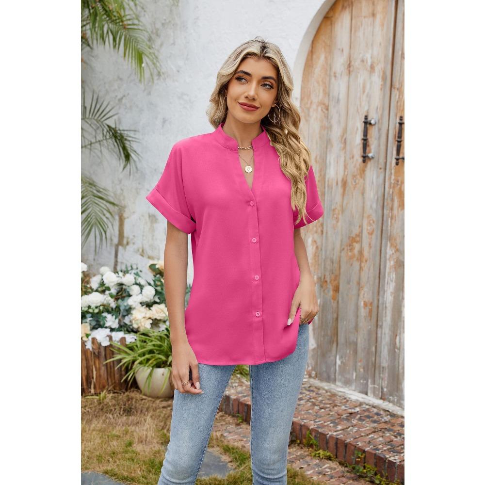 Sommer Neue Einfarbig V-ausschnitt Lose Kurzarm Button-Down Chiffon Hemd