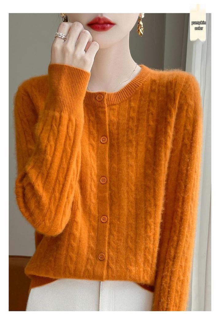 White Cable Knit Cardigan Coat - Women's Korean Slim Fit, Autumn Long Sleeve Sweater