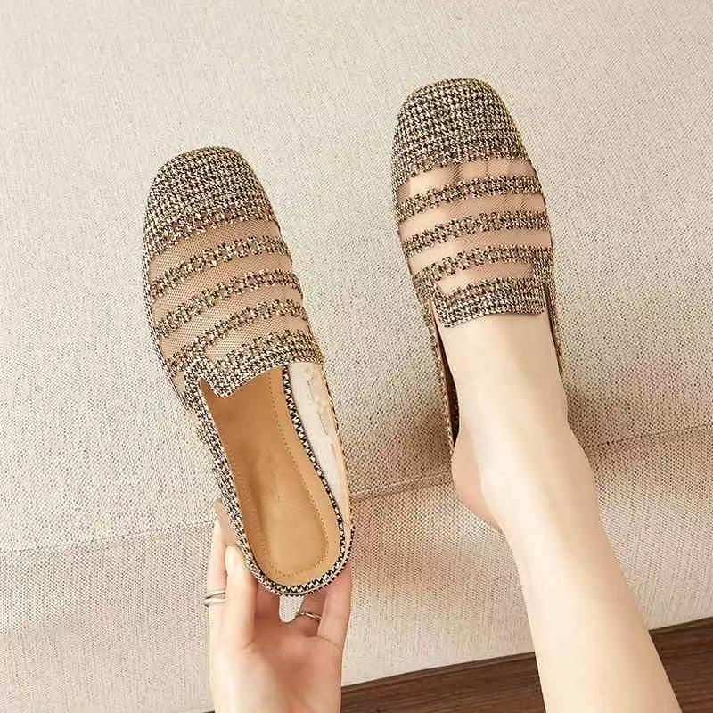 Women's Summer New Block Heel Mesh Half Slippers Soft Sole Breathable Baotou Hollow Out Outdoor Modern Slippers Kitten Sandals