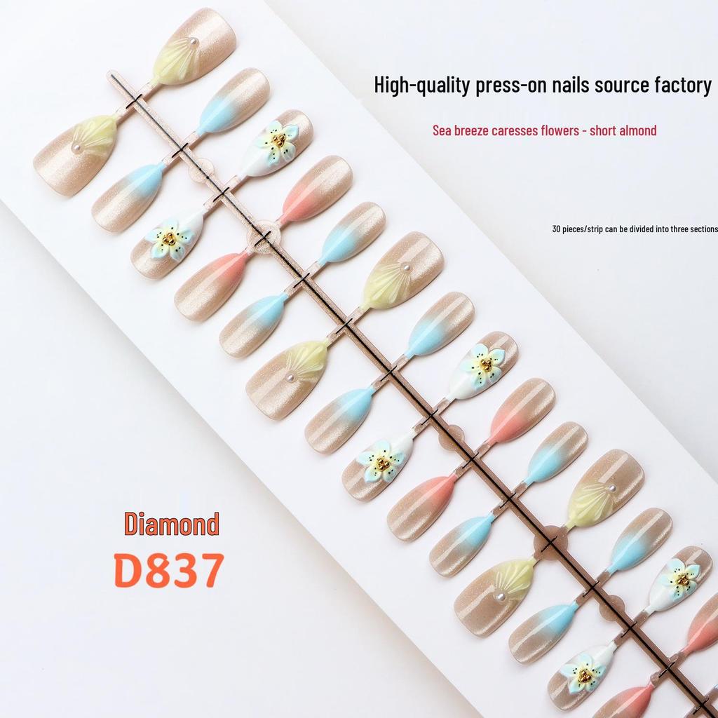 Gradient Blue 3D Floral Wearable Nails: Spring/Summer Cat Eye Whitening Manicure