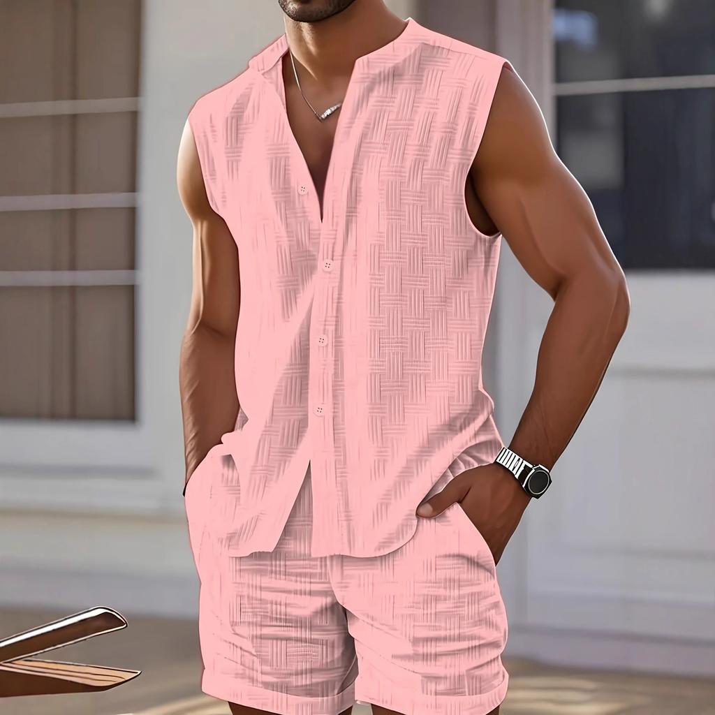 Men's Summer Vest Shirt Casual Loose Sleeveless Solid Color Shorts Beach Suit