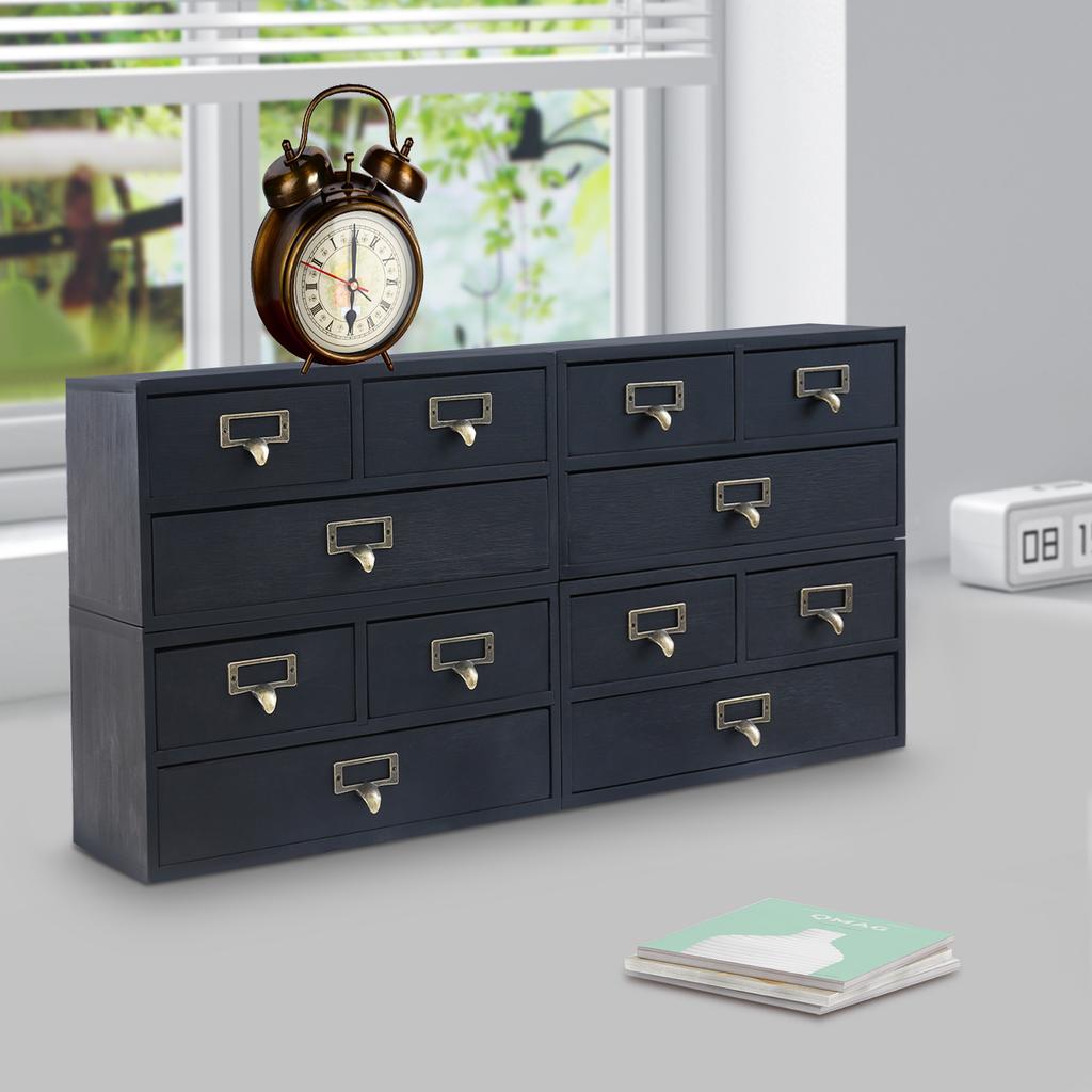 4 Pcs 12 Drawers Desktop Pine Wood Organizer,Blue/Black/Brown Rectangular Desktop Organizer 69*27*30cm for Bedrooms,Offices