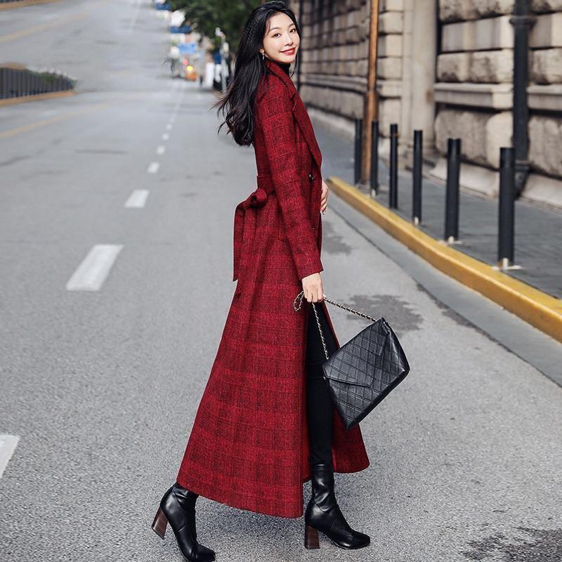 Red Plaid Wool Belted Coat with Notched Lapel Slim Fit Over Knee Simple Elegant Trench Jacket for Women