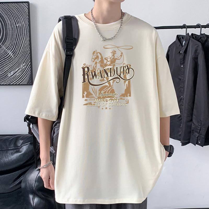Cowboy Pattern Men's 100% Cotton T-Shirt Drop Shoulder Oversized Tee Hip Hop Style