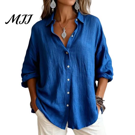 Solid Color Blouses Women Casual Button Front Shirt, Long Sleeve Turndown Collar Blouse, Work Shirts Drop Shoulder Fall Top for Daily Wear