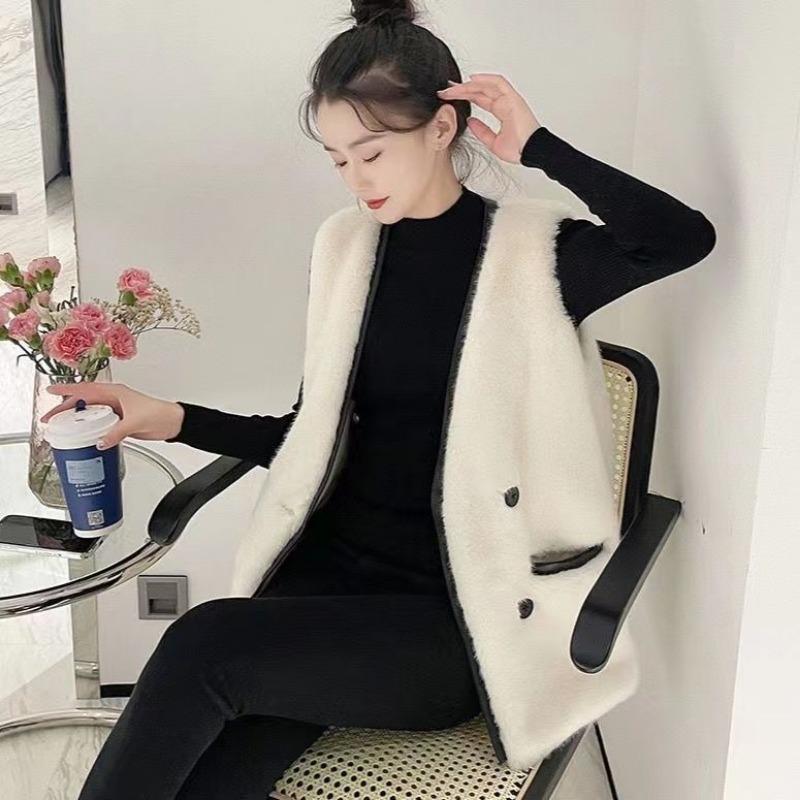 Autumn and Winter Women's Long Faux Mink Fur Vest with V-neckline and Splicing Faux Leather
