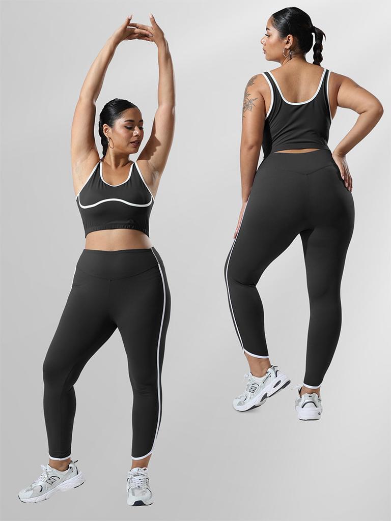Tight-Fitting Sports Leggings with High Waist and Side White Stripes for Gym Outdoor Cycling Running and Yoga
