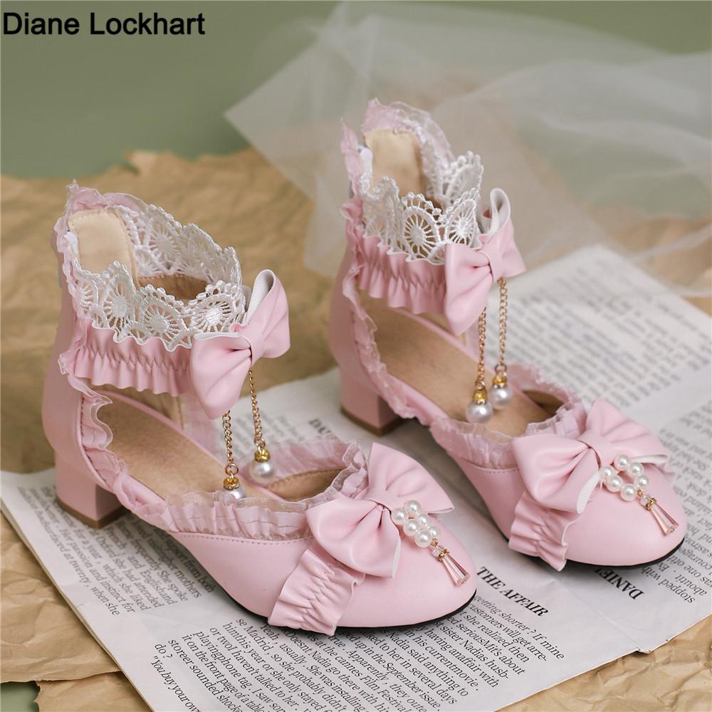 Fashion Spring Summer Women High Heels Mary Jane Pumps Party Wedding White Pink Black String Bead Bow Princess Cosplay Lolita Shoes