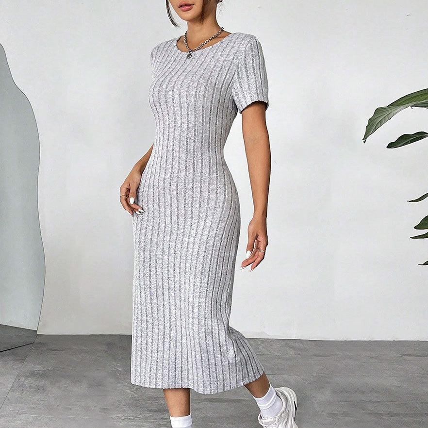 

Summer Casual O-neck Solid Knitted Bodycon Ladies Bottom Short Sleeve Party Dresses Elasticity Sexy Gray Package Hips Maxi Dress S