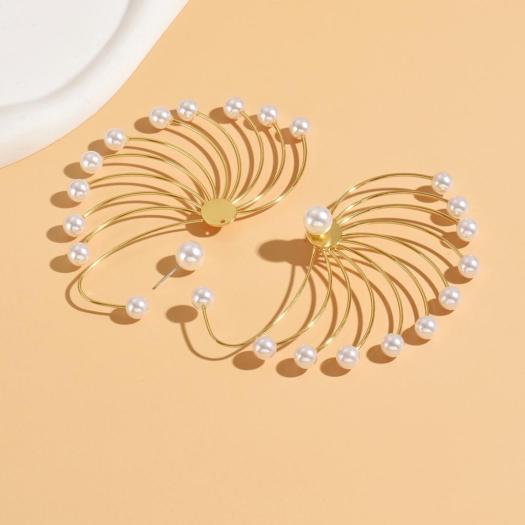 2pcs Geometric Fan-Shaped Pearl Earrings For Women, Simple And Exaggerated Earrings, Fashionable Earrings Accessories