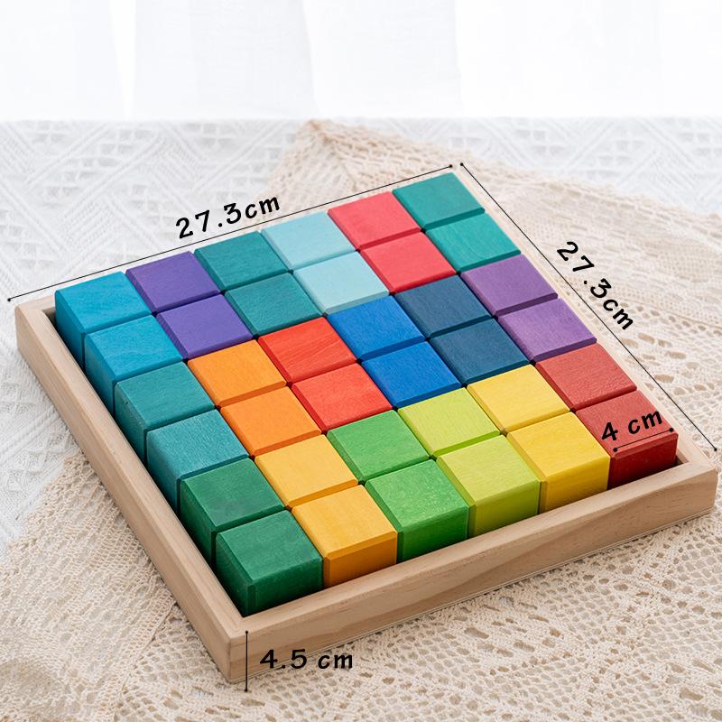 

Basswood Colorful Wooden Constructor Blocks Toy Mosaic Square Large Basic Blocks Baby Rainbow Montessori Education Stacking Game