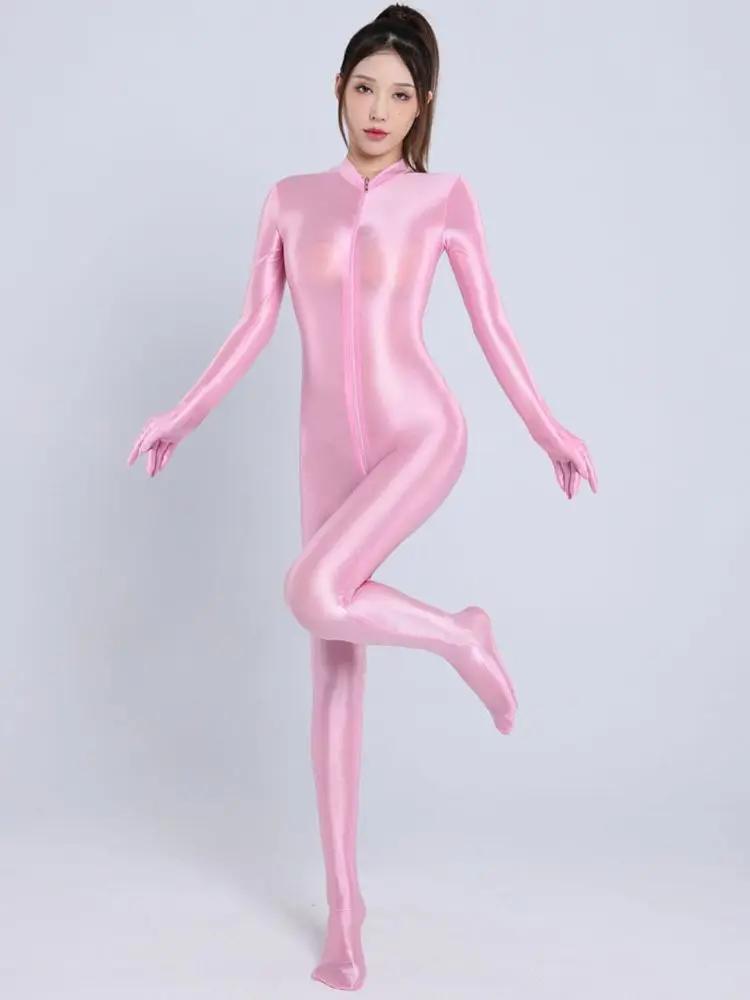 Glossy Shiny Pantyhose Separate Finger Bodystocking Double Zipper Open Crotch Bodysuit Tight Sexy Transparent Conjoined Jumpsuit