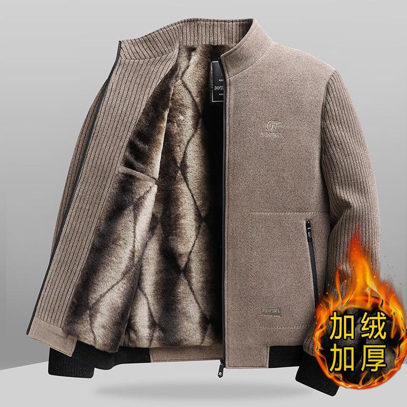 New Autumn and Winter Middle-aged Men's Clothing Fleece Thickened Chenille Jacket Dad Loose Stand-up Collar Jacket