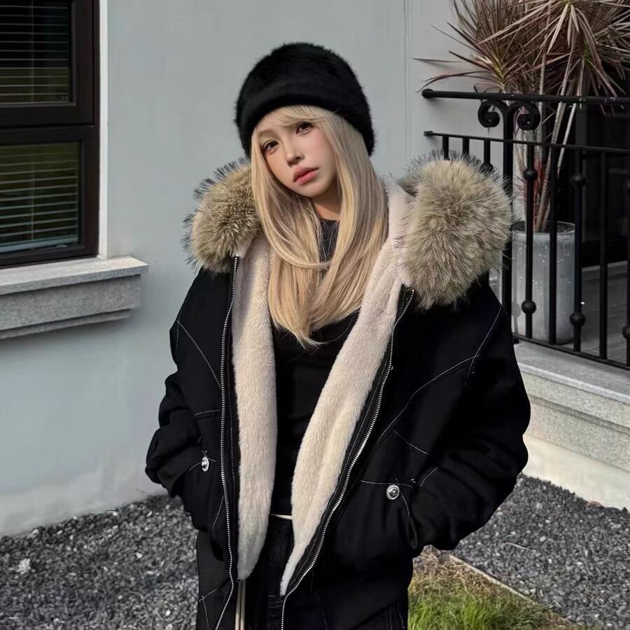 Giacca con Cappuccio American Retro Scolpita Aquila di Montagna Foderata in Velluto con Collo in Pelliccia - Cappotto Invernale Unisex