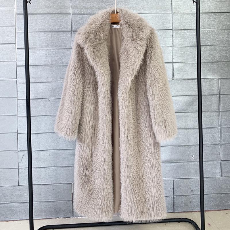 European & American Women's Winter Faux Fur Long Coat with Suit Collar