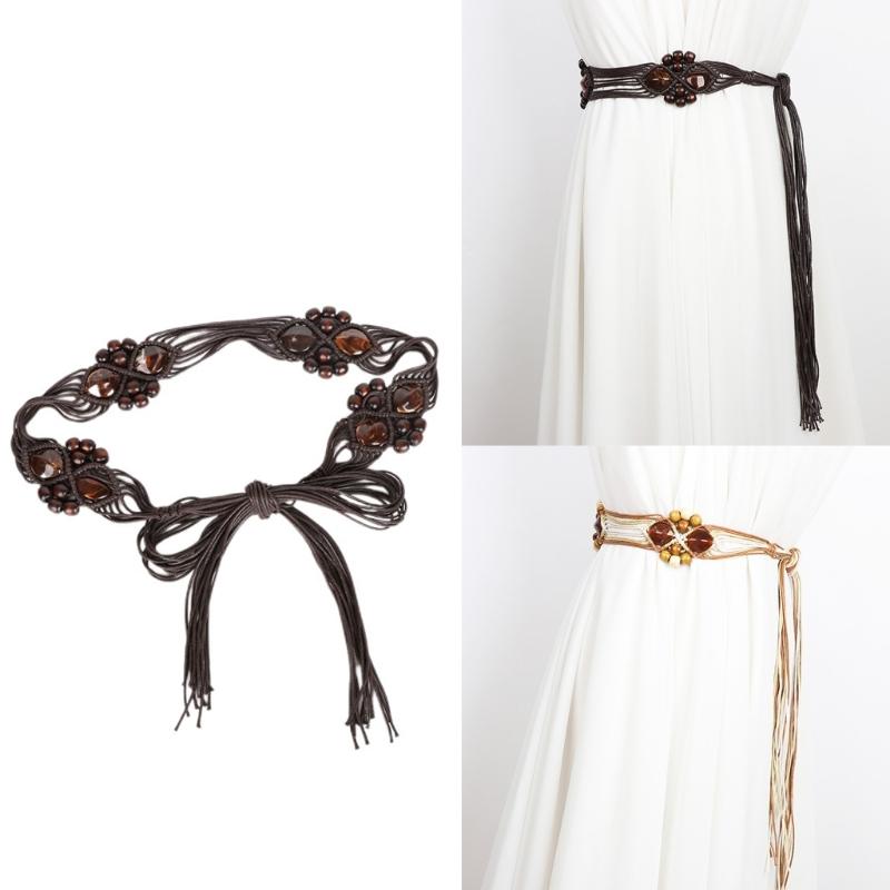 DIY Bohemian Wooden Bead Waist Rope Braided Tassels Belt Ethnic Style Belts