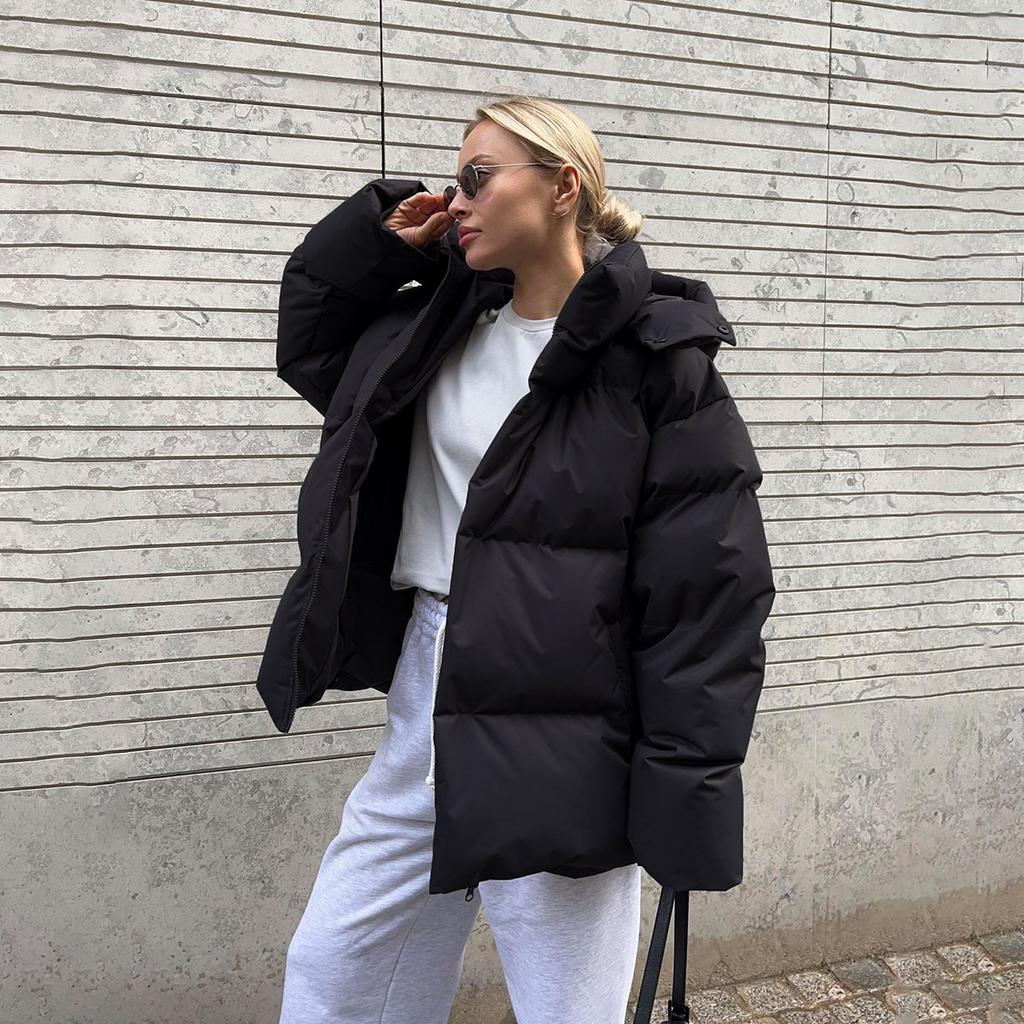 Casual Women Thicken Hooded Down Cotton Jacket Fashion Long Sleeve Lapel Snow Coat Lady Winter Chic Daily Warm Commute Wear