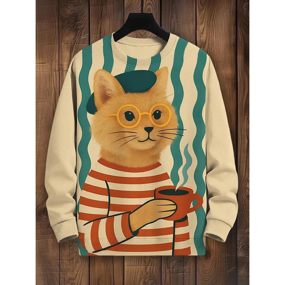 Spring Autumn Sweatshirt Pullover Anime Cat Casual Japanese Art Animal 3D Printed O Neck Long Sleeve Hoodies Tops Pullovers