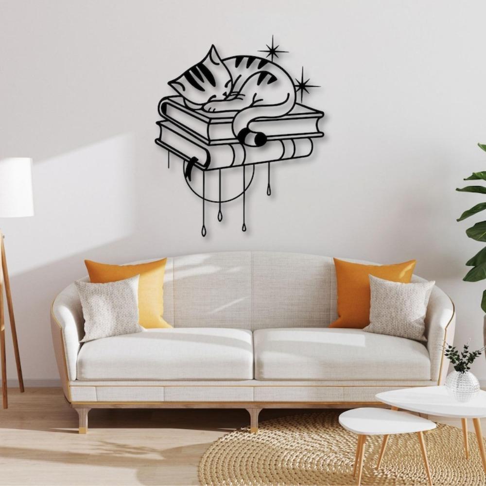 Sleeping Cat On Books Metal Wall Art Cat Lover Home Decor Cozy Reading Nook Sign Minimalist Feline Silhouette