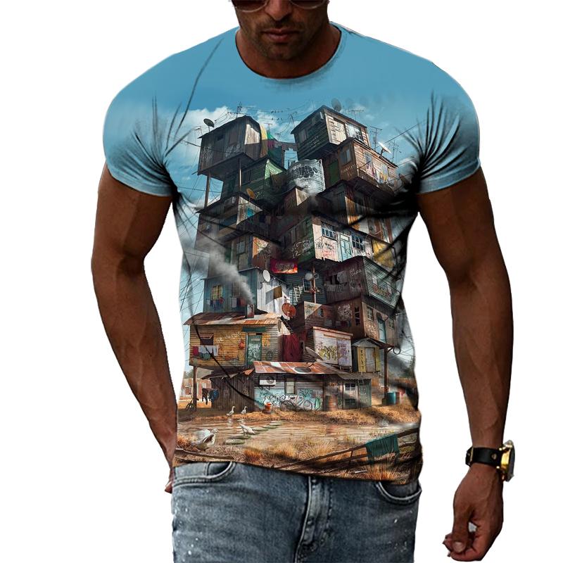 Summer Landscape Pattern T-shirts Casual Personality Hip-hop Trend Round Neck Tees Fashion Men's Street Cool Short-sleeve Top