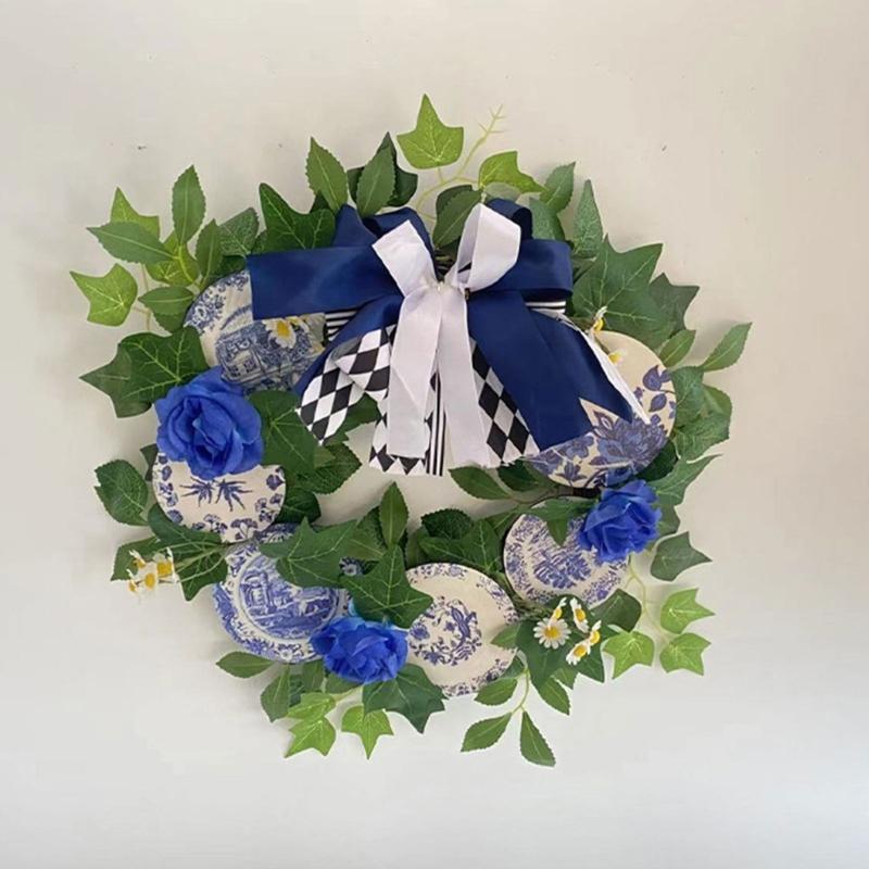 Wooden Plaques Blue and White Porcelain Pattern Wreath Outdoor Courtyard Party Decorations Garlands for Wall Door Window