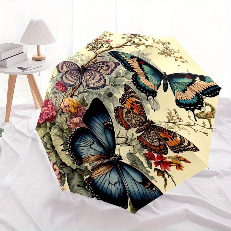 Butterflies, Flowers Theme Automatic Open/Close Umbrella, Portable 3 Fold Compact Umbrella for Men & Women, Valentine's Day Mother's Day Gift0725047