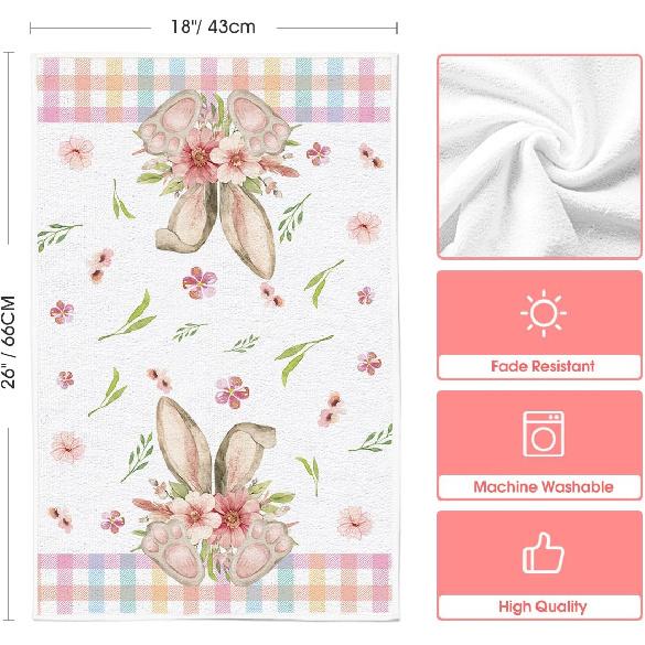 Artoid Mode Colorful Buffalo Plaid Bunny Rabbit Flower Easter Kitchen Towels Dish Towels, 18x26 Inch Seasonal Decoration Hand Towels Set of 2
