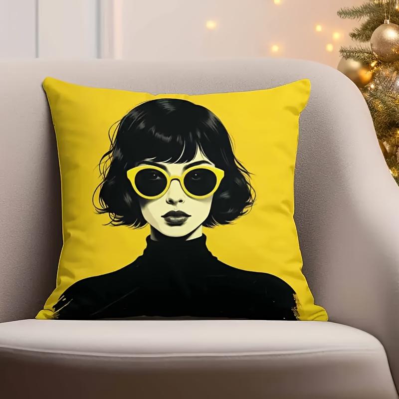 1 Stück Gelber Hintergrund Retro Mädchen Druck Kissenbezug, Geeignet für Sofa, Schlafzimmer, Wohnzimmer, Ein Stilvolles Geschenk für Modefans