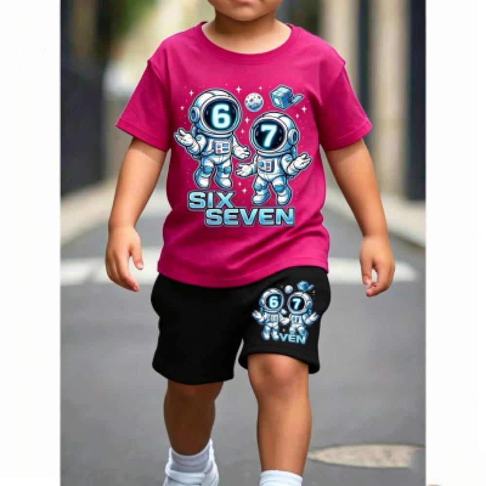 Kinder 67 Astronaut Spaß Aufdruck 11 Farben Kinder T-Shirt und Shorts 2-teiliges Set Sommer Haus Draußen Freizeit Outfit Jungen und Mädchen Sportset