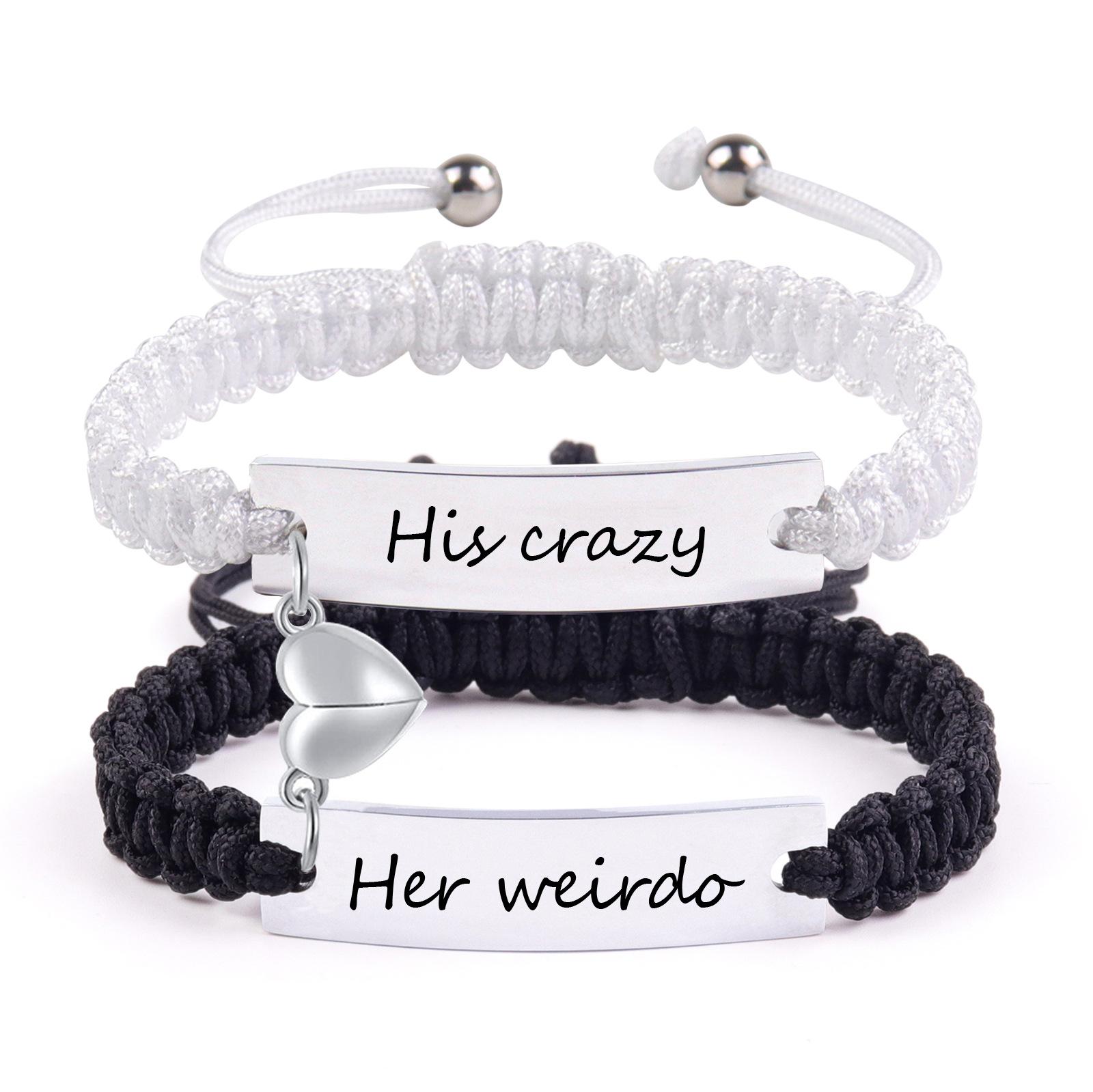 Stainless steel curved card lettering bracelet, hand-woven black and white rope weaving love magnetic pendant, stainless steel couple bracelet