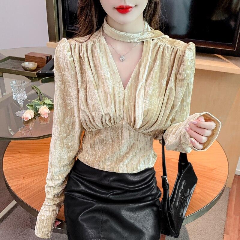 Sexy Samt Frauen Bluse Herbst Vintage Stil Französisch Taille Wrap Schal V-ausschnitt Tops Falten Langarm Slim Fit T Shirt 29072