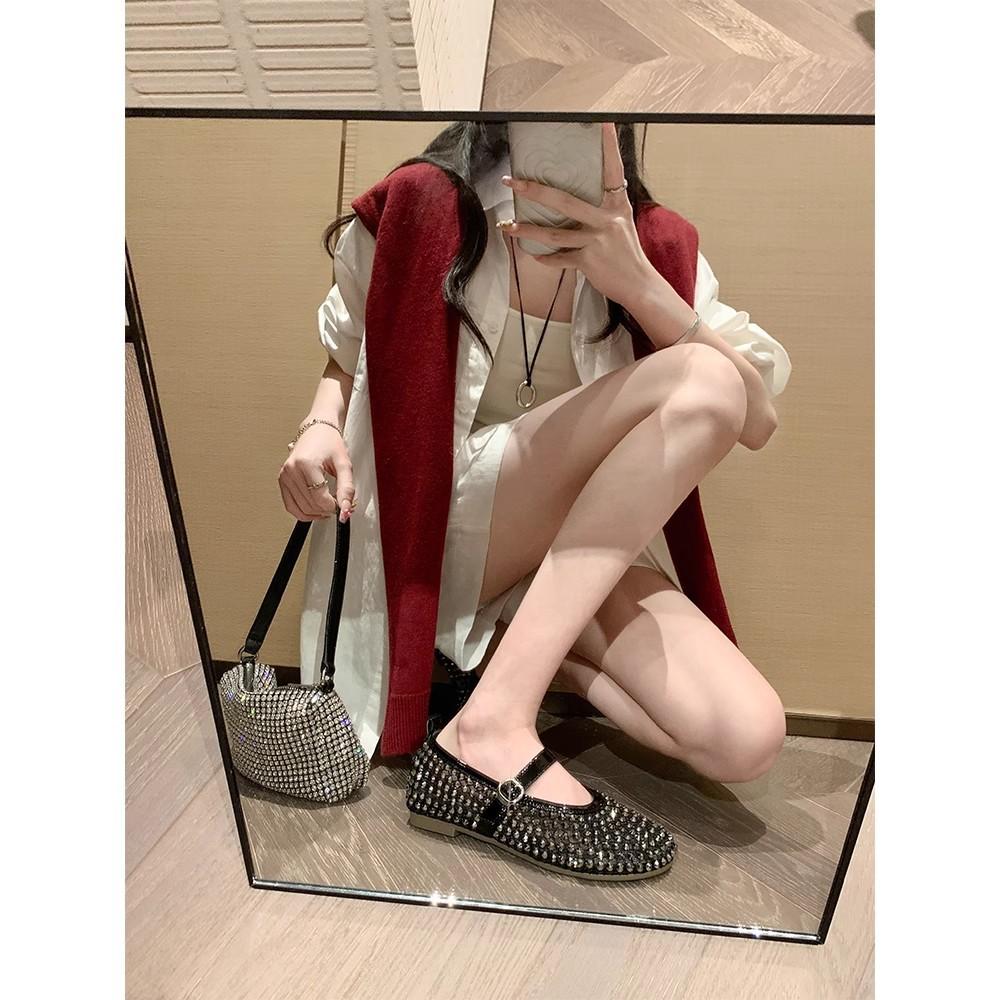 [sheii Su Yinyin] Single Shoe Version~ Rhinestone Mesh Yarn Breathable Flat Bottom Buckle with Mary Jane Single Shoes Women's Ballet Shoes