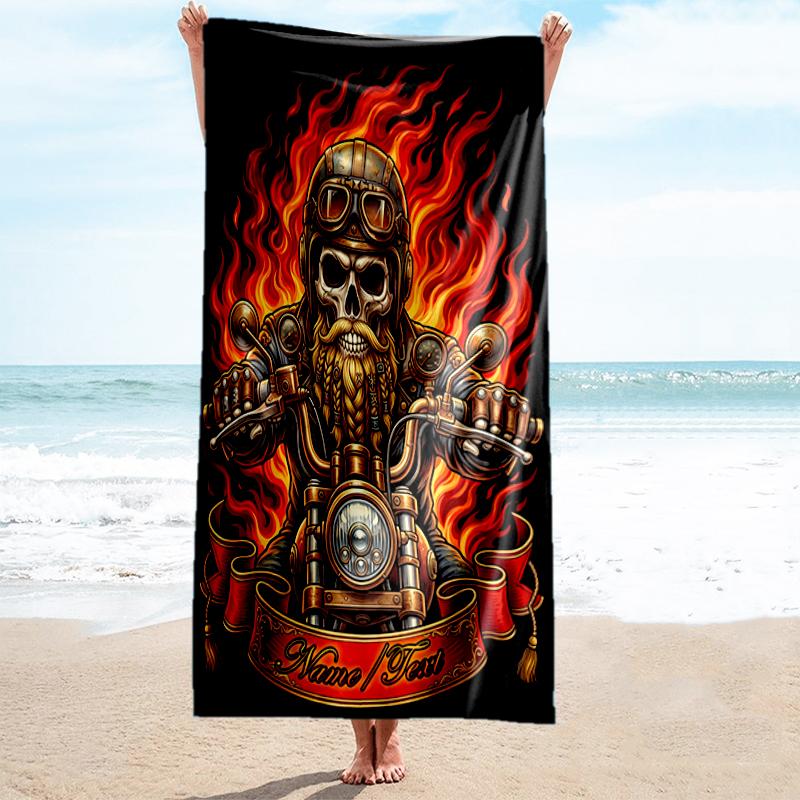 1PC Custom Name Biker Spirit Flames Beach Towel Highly Absorbent And Sand-Resistant Towel for Swimming, Pool, Yoga, And Travel Lightweight