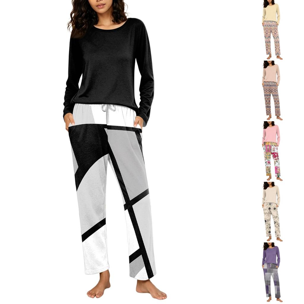 Damen Freizeit-Schlafanzug-Set mit Print, Rundhalsausschnitt und Lockerer Passform für Nachtwäsche und Loungewear