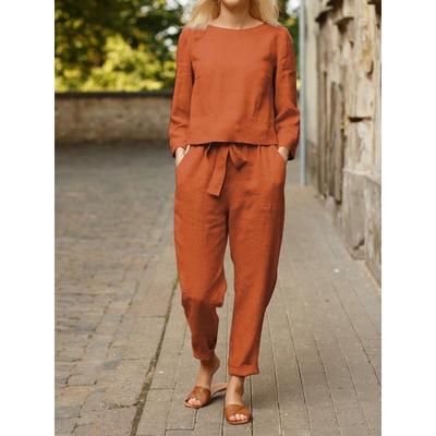 Spring Autumn Cotton Linen Vintage Long Sleeve Top Women Elastic Lace Up Pants Set Female Solid Casual Suit
