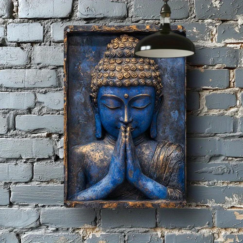 Vintage Aluminum Blue Buddha Sign - Praying Hands Statue Design, 8x12inch, Ideal Yacht & Living Room Decor