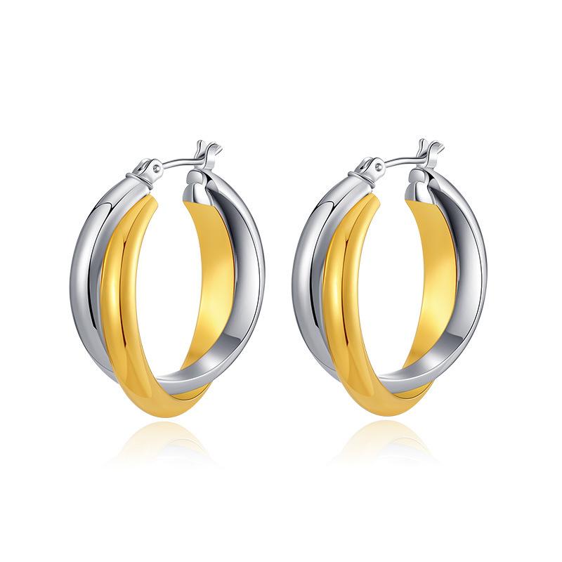 Two Tone Gold Silver Spliced Cross Circle Fashion Neutral Earrings