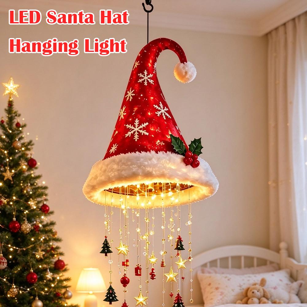 LED Santa Hat Pendant Light Hanging Lamp with Bell Tassel Star Decor Xmas New Year Home Wall Window Atmosphere Decoration Light