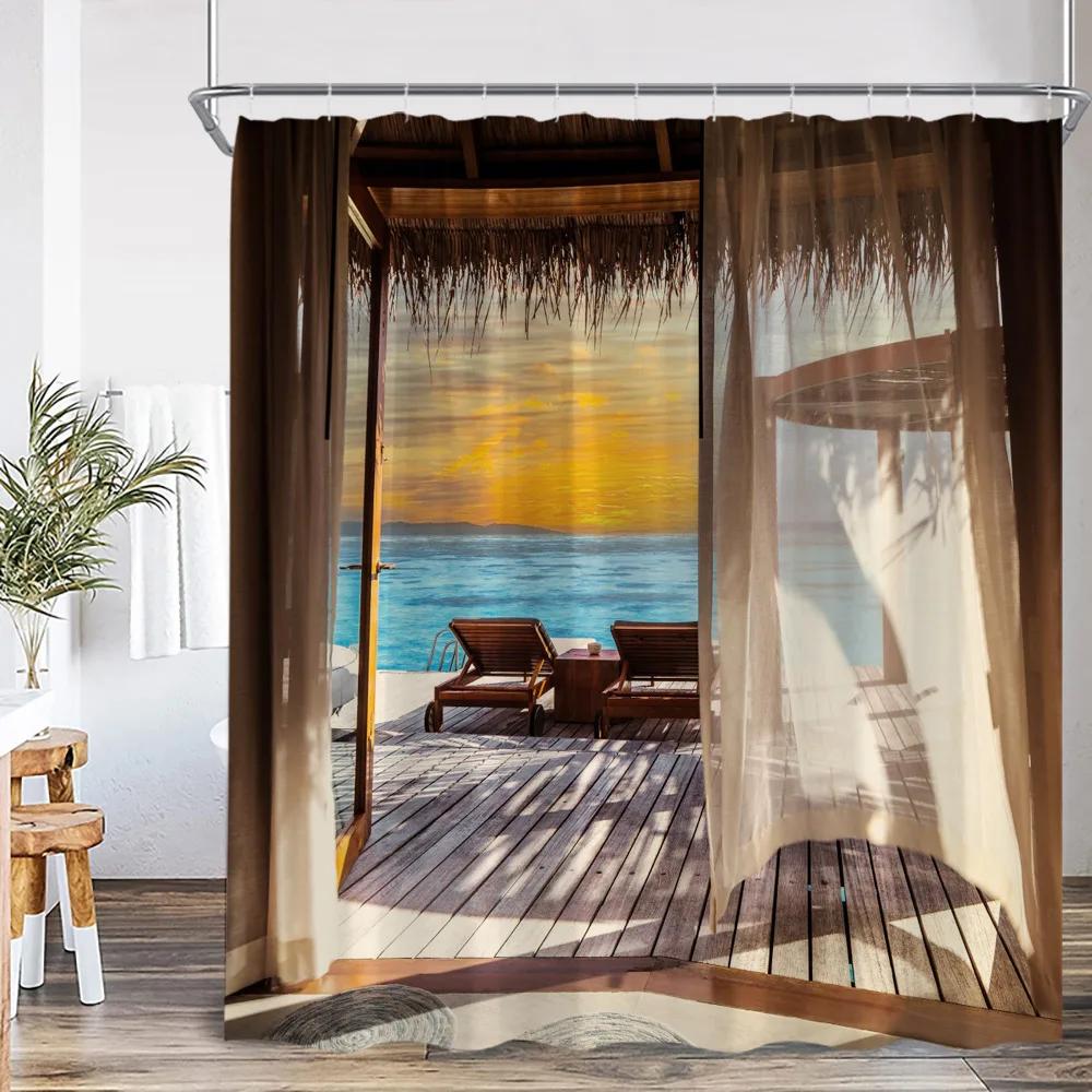 Beach Shower Curtain Seaside Landscape Coconut Tree Sea Summer Vacation Bathroom Decor Holiday Polyester Bath Curtain with Hook